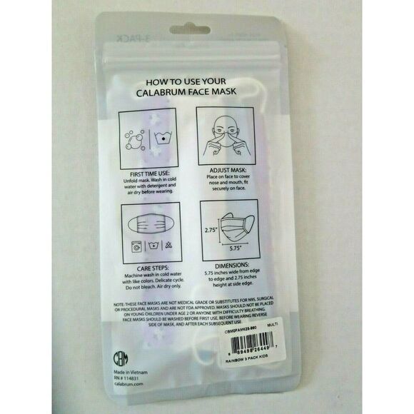 Calabrum Face Masks Reusable 3 Pack Kids 3+ Reversible Cotton Rainbow Butterfly - Picture 2 of 3